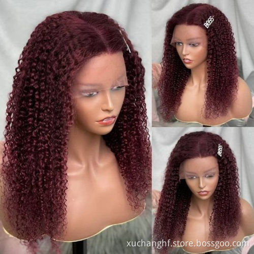 Brazilian real 100% Colored Raw Virgin human virgin hair hd Transparent human 99J Red Burgundy Deep wave curly lace wig